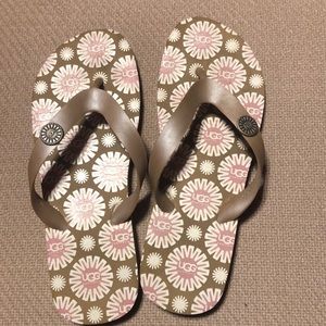 Brown and pink ugh flip flops